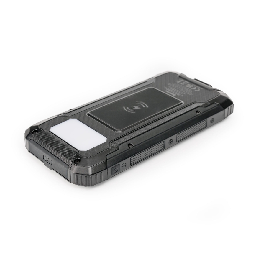 Захранваща батерия с LED светлина, безжично зареждане и соларен панел Power Delivery 15W/10000 mAh черен