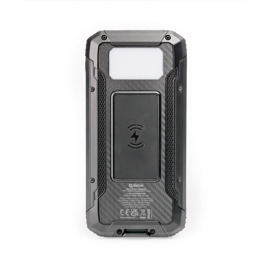 Захранваща батерия с LED светлина, безжично зареждане и соларен панел Power Delivery 15W/10000 mAh черен