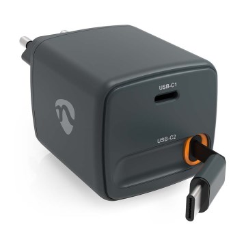 Зарядно устройство с прибиращ се кабел, Power Delivery 30W, 2xUSB-C, черно