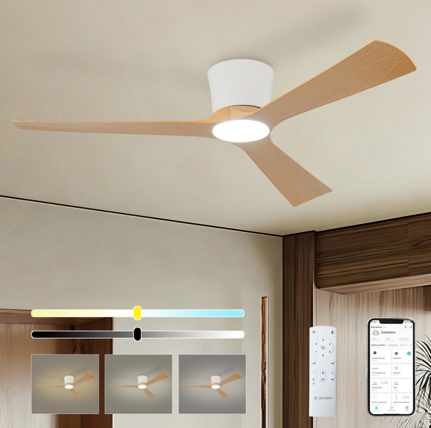 ZEVENTI - LED димируем таванен вентилатор AUREX LED/24W/230V 3000/4000/6000K Wi-Fi Tuya бял/дъб + дистанционно управление