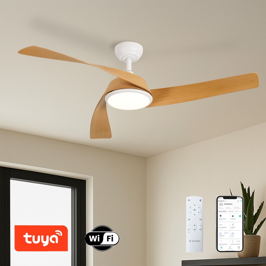 ZEVENTI - LED димируем таванен вентилатор AERYS LED/24W/230V 3000/4000/6000K Wi-Fi Tuya бял/дъб + дистанционно управление