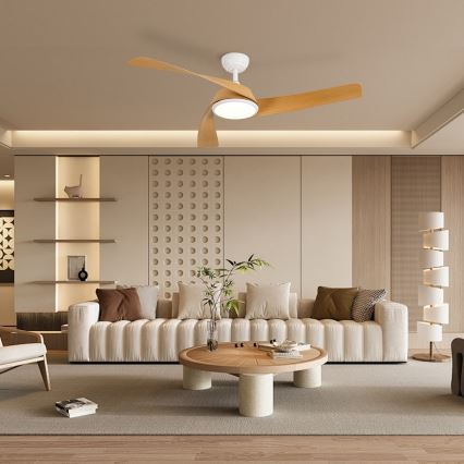 ZEVENTI - LED димируем таванен вентилатор AERYS LED/24W/230V 3000/4000/6000K Wi-Fi Tuya бял/дъб + дистанционно управление