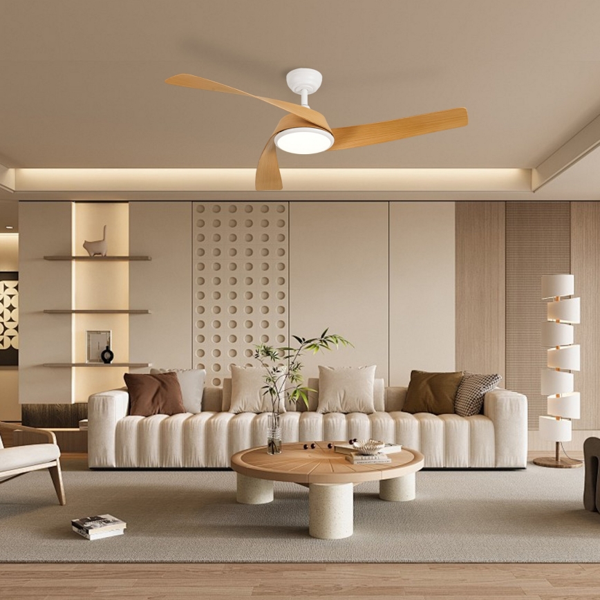 ZEVENTI - LED димируем таванен вентилатор AERYS LED/24W/230V 3000/4000/6000K Wi-Fi Tuya бял/дъб + дистанционно управление
