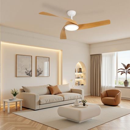 ZEVENTI - LED димируем таванен вентилатор AERYS LED/24W/230V 3000/4000/6000K Wi-Fi Tuya бял/дъб + дистанционно управление
