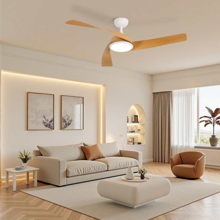 ZEVENTI - LED димируем таванен вентилатор AERYS LED/24W/230V 3000/4000/6000K Wi-Fi Tuya бял/дъб + дистанционно управление