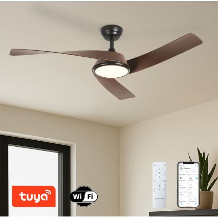 ZEVENTI - LED димируем таванен вентилатор AERYS LED/24W/230V 3000/4000/6000K Wi-Fi Tuya черен/орех + дистанционно управление