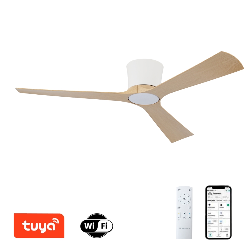 ZEVENTI - LED димируем таванен вентилатор AUREX LED/24W/230V 3000/4000/6000K Wi-Fi Tuya бял/дъб + дистанционно управление
