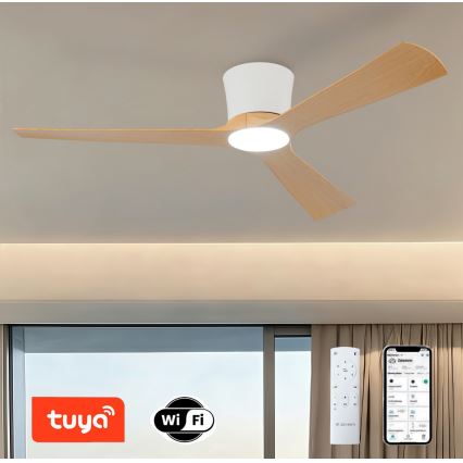 ZEVENTI - LED димируем таванен вентилатор AUREX LED/24W/230V 3000/4000/6000K Wi-Fi Tuya бял/дъб + дистанционно управление