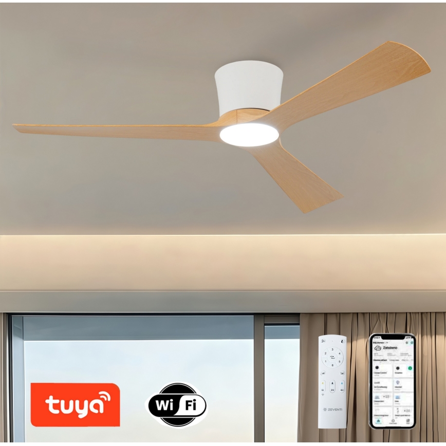 ZEVENTI - LED димируем таванен вентилатор AUREX LED/24W/230V 3000/4000/6000K Wi-Fi Tuya бял/дъб + дистанционно управление