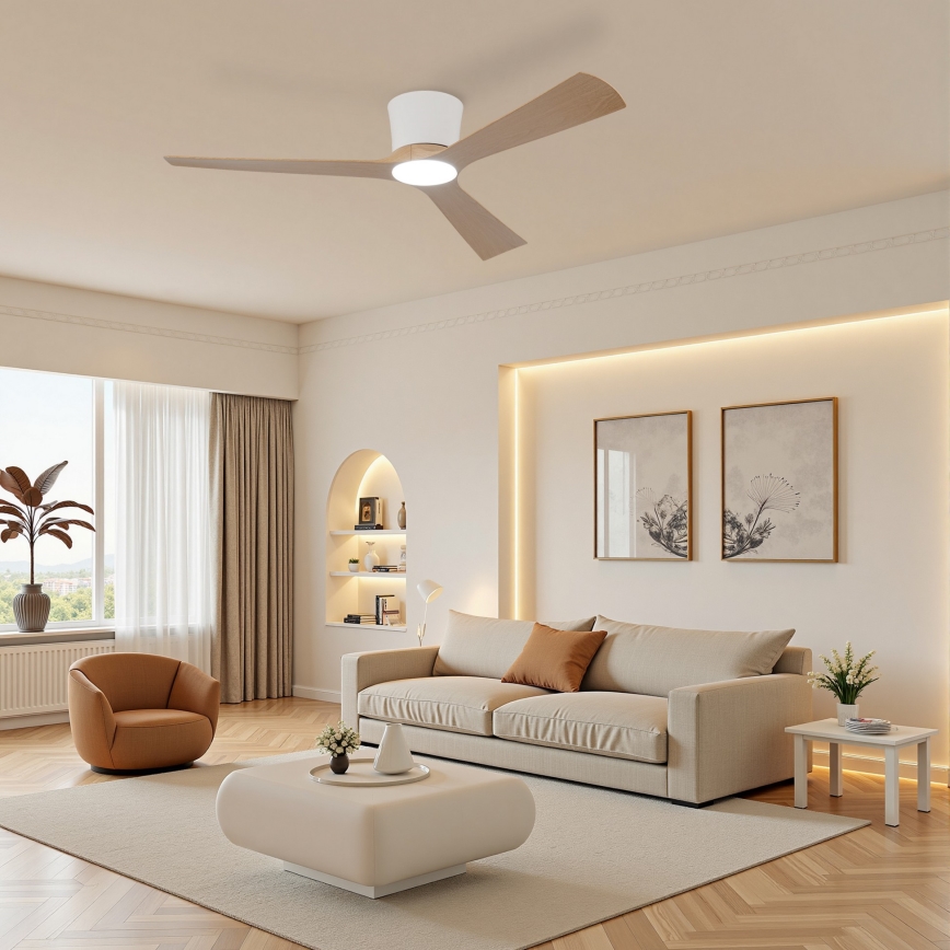 ZEVENTI - LED димируем таванен вентилатор AUREX LED/24W/230V 3000/4000/6000K Wi-Fi Tuya бял/дъб + дистанционно управление