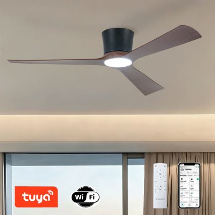 ZEVENTI - Димируем таванен вентилатор AUREX LED/24W/230V 3000/4000/6000K Wi-Fi Tuya черен/орех + дистанционно управление