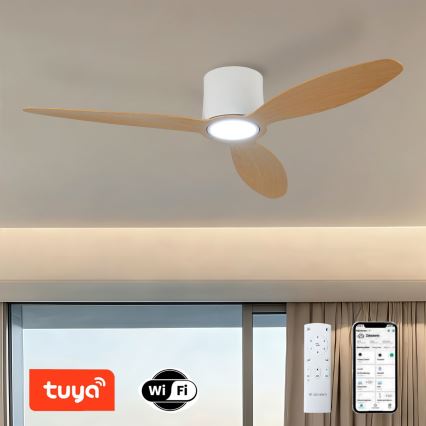 ZEVENTI - Димируем LED таванен вентилатор VENTORA LED/24W/230V 3000/4000/6000K Wi‑Fi Tuya бял/дъб + дистанционно управление