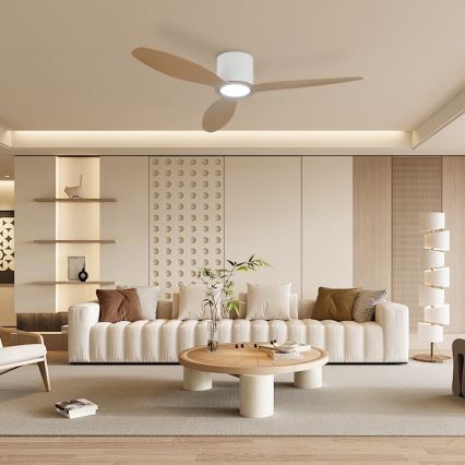 ZEVENTI - Димируем LED таванен вентилатор VENTORA LED/24W/230V 3000/4000/6000K Wi‑Fi Tuya бял/дъб + дистанционно управление