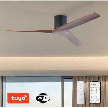 ZEVENTI - Таванен вентилатор VELLON с Tuya Wi-Fi, черен/орех + дистанционно управление