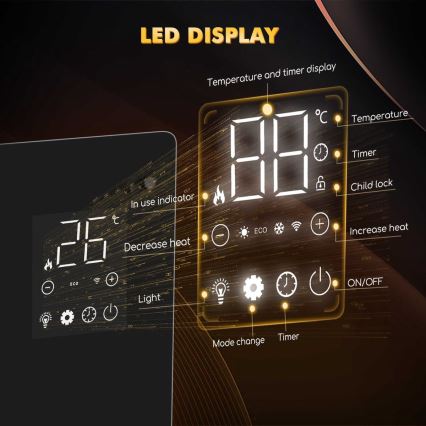 ZEVENTI - Умен стенен електрически директен нагревател/конвектор с LCD дисплей 1000/2000W/230V Wi-Fi черен