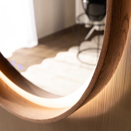 Zuma Line - LED отопляемо стенено огледало за баня с LED подсветка/36W/230V 3000/4000/6000K диам. 80 см IP44 дъб