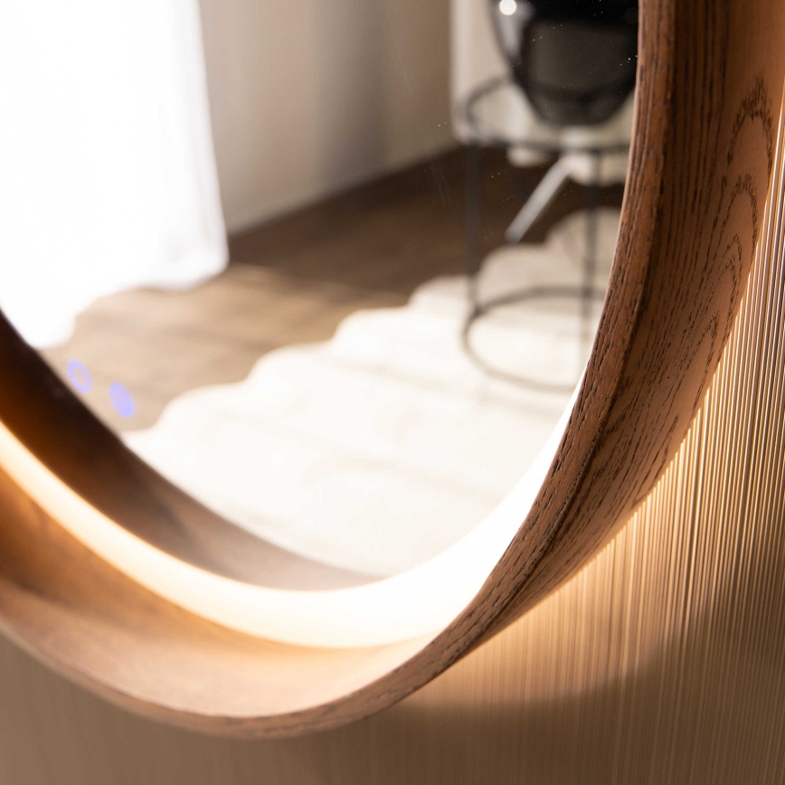 Zuma Line - LED отопляемо стенено огледало за баня с LED подсветка/36W/230V 3000/4000/6000K диам. 80 см IP44 дъб