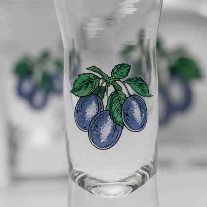 К-кт 1x стъклена бутилка и 2x чаша за шот прозрачен с мотив на слива