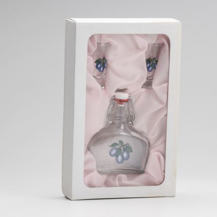 К-кт 1x стъклена бутилка и 2x чаша за шот прозрачен с мотив на слива