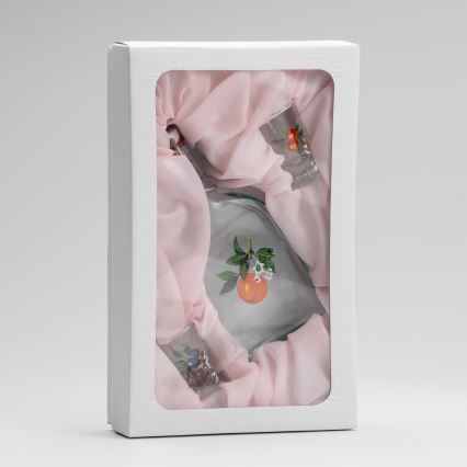 К-кт 1x стъклена бутилка и 2x чаша за шот прозрачен с мотив на кайсия