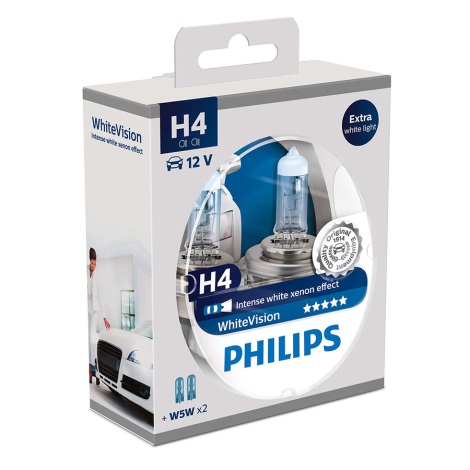 К-кт 2 бр. автомобилни крушки Philips WHITEVISION 12342WHVSM H4 PX26d/60W/55W/12V 3700K +2 позиционни крушки