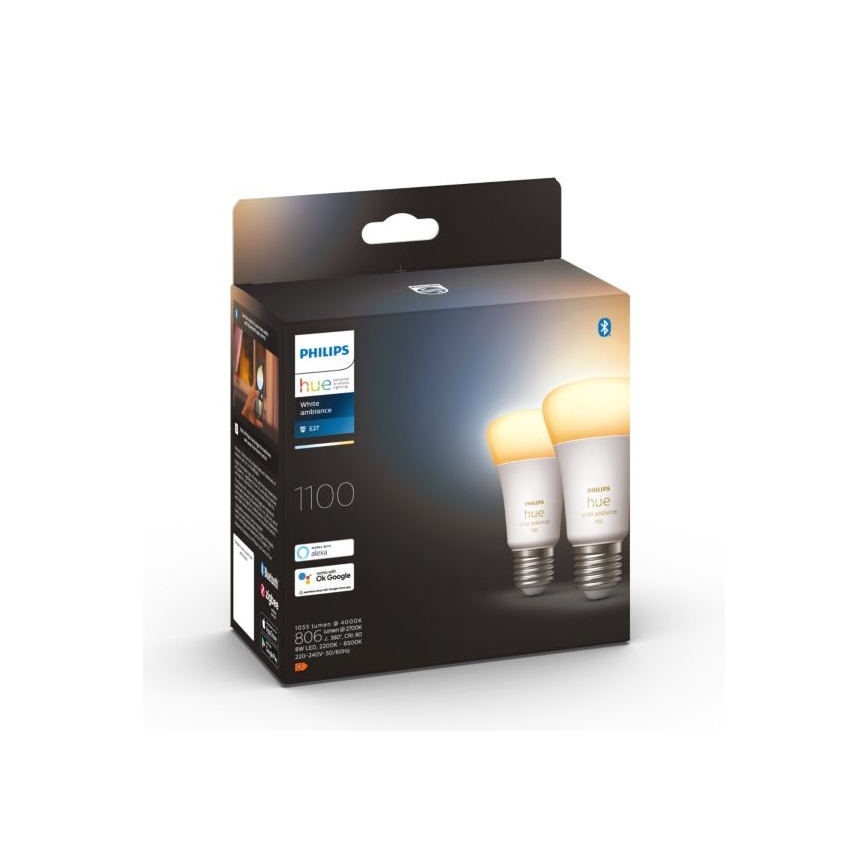 К-кт 2 бр. LED димируеми крушки Philips Hue WHITE AMBIANCE E27/8W/230V 2200-6500K