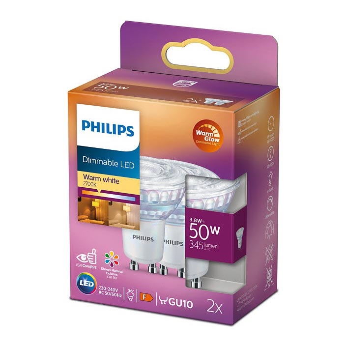 К-кт 2бр. LED димируеми крушки Philips Warm Glow GU10/3,8W/230V 2200-2700K CRI 90