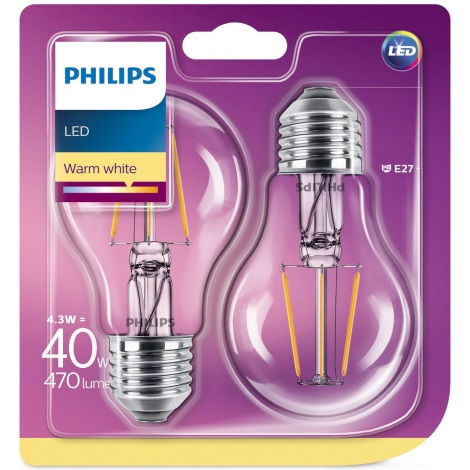 К-кт 2бр. LED крушки Philips E27/4,3W/230V 2700K