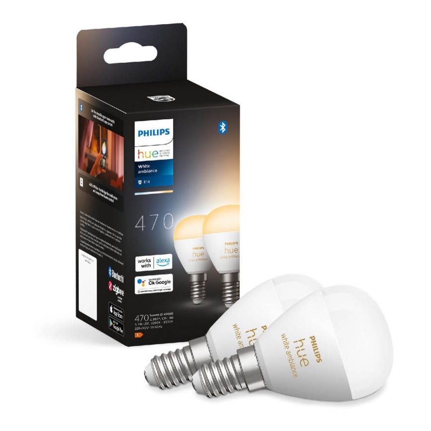 К-кт 2x LED Димируема крушка Philips Hue WHITE AMBIANCE P45 E14/5,1W/230V 2200-6500K