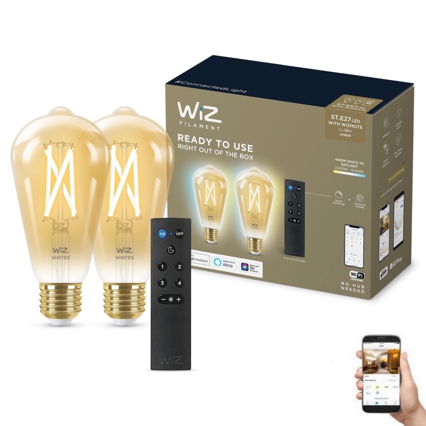 К-кт 2x LED Димируема крушка ST64 E27/7W/230V 2000-5000K CRI 90 Wi-Fi + дистанционно управление - WiZ