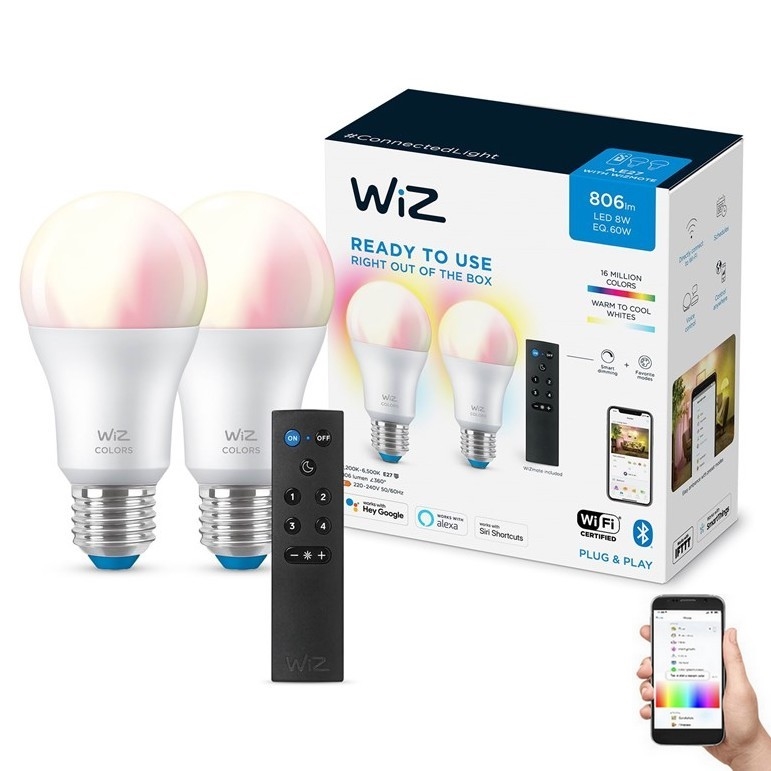 К-кт 2x LED RGBW Димируема крушка A60 E27/8,5W/230V 2200-6500K Wi-Fi + дистанционно управление - WiZ
