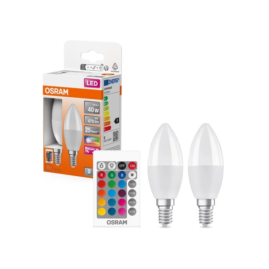 К-кт 2x LED RGBW Димируема крушка B38 E14/4,9W/230V 2700K + дистанционно управление - Osram