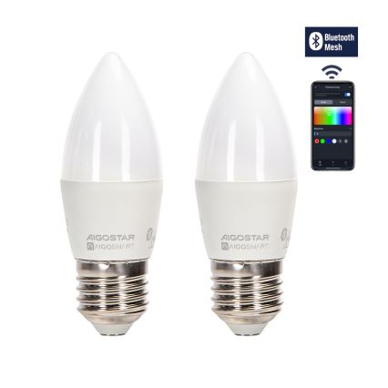 К-кт 2x LED RGBW Димируема крушка MESH Интелигентен C37 E27/6,5W/230V 2700-6500K + дистанционно управление - Aigostar