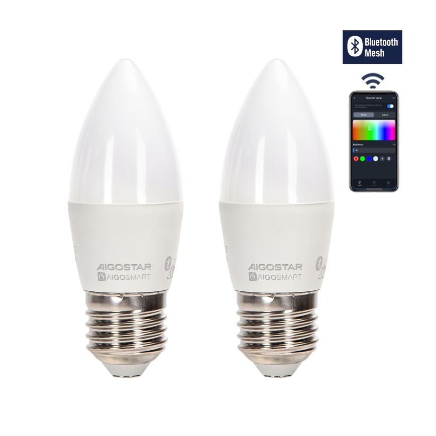 К-кт 2x LED RGBW Димируема крушка MESH Интелигентен C37 E27/6,5W/230V 2700-6500K + дистанционно управление - Aigostar