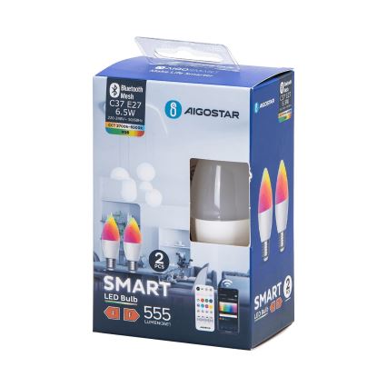 К-кт 2x LED RGBW Димируема крушка MESH Интелигентен C37 E27/6,5W/230V 2700-6500K + дистанционно управление - Aigostar
