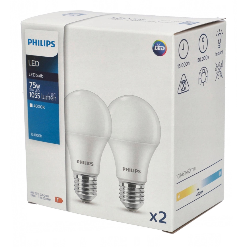 К-кт 2x LED Крушка Philips A60 E27/10W/230V 4000K