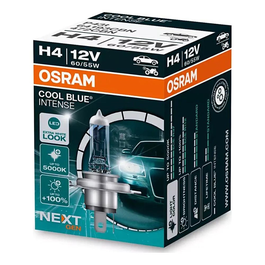 К-кт 2x Крушка за автомобил COOL СИН H4 P43t/60/55W/12V 5000K - Osram