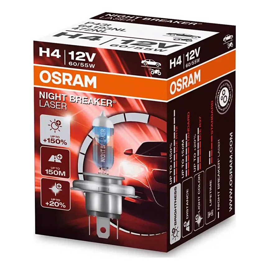 К-кт 2x Крушка за автомобил NIGHT BREAKER H4 P43t/60/55W/12V 3900K - Osram