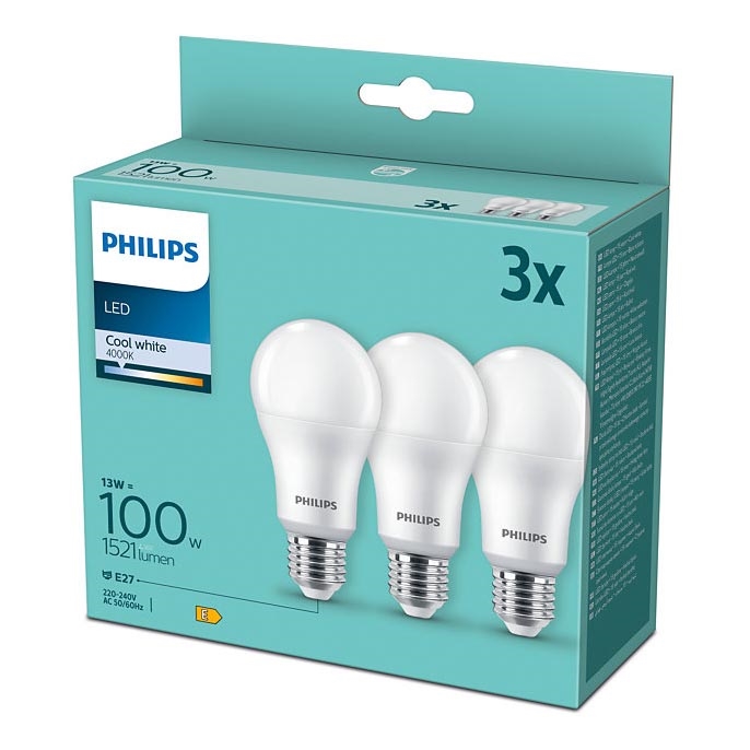 К-кт 3 бр. LED крушки Philips A60 E27/13W/230V 4000K