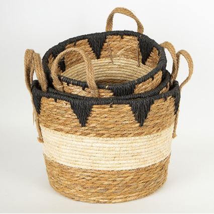 К-кт 3x Сламена кошница бежов/черен 27x20/30x22/36x28 см