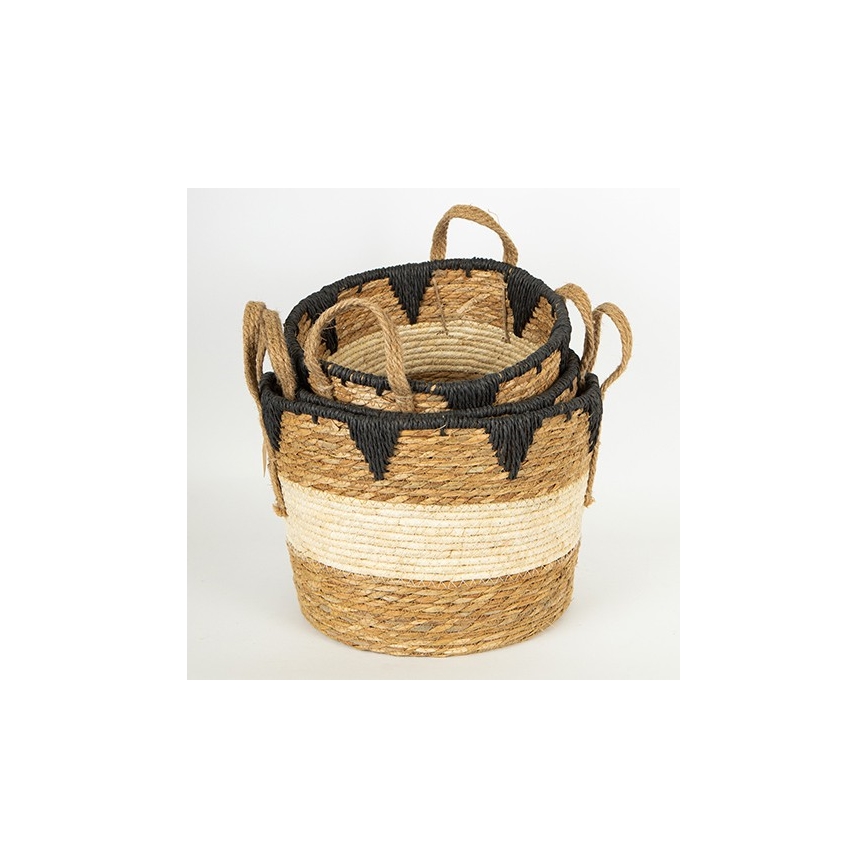 К-кт 3x Сламена кошница бежов/черен 27x20/30x22/36x28 см