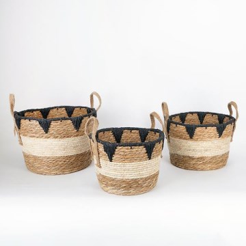 К-кт 3x Сламена кошница бежов/черен 27x20/30x22/36x28 см
