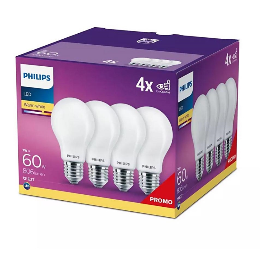 К-кт 4 бр. LED крушки Philips A60 E27/7W/230V 2700K