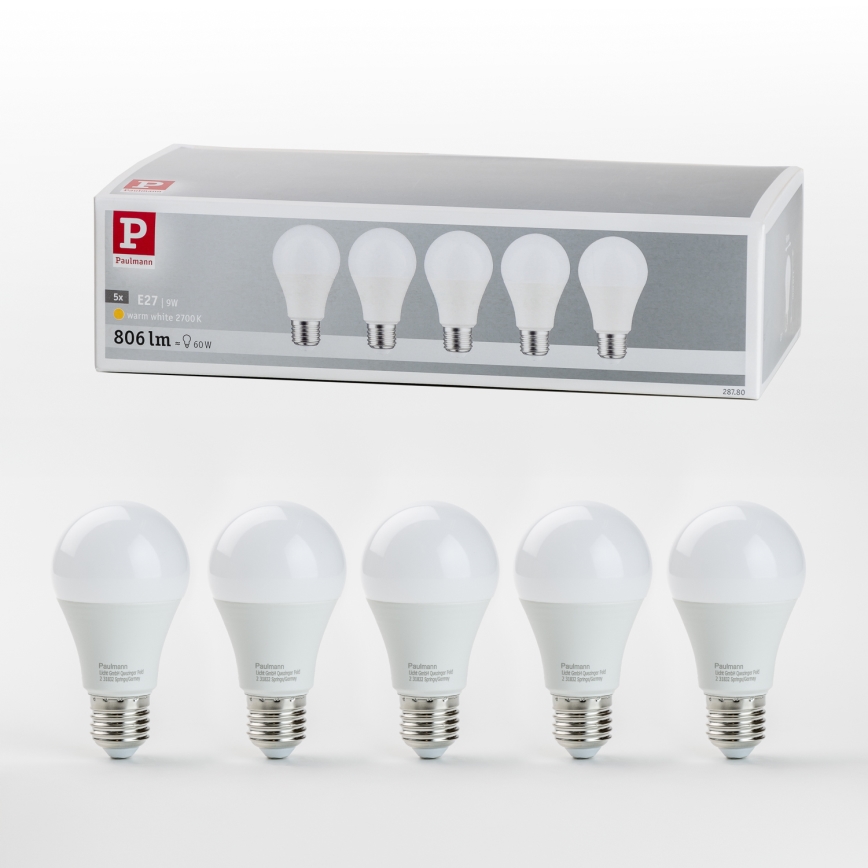 К-кт 5x LED Крушка A60 E27/9W/230V 2700K - Paulmann 28780
