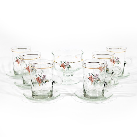 К-кт 6 бр. стъклени чаши с чинийки и 1 бр. захарница прозрачни