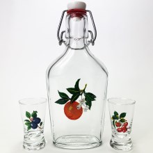 К-кт vector - 1x голям бутилка + 2x чаша за шот прозрачен с плодов мотив