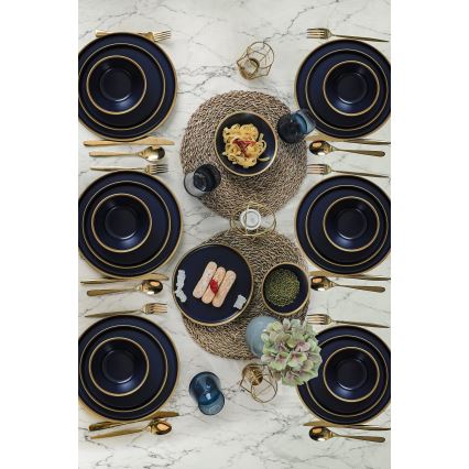 Керамичен комплект за хранене от 24 части, син/златист