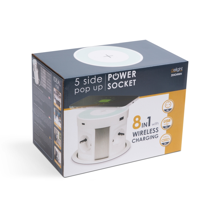 Колона за контакти за плот на бюро с безжично зареждане 4x230V + 2x USB-A + 2x USB-C бяла