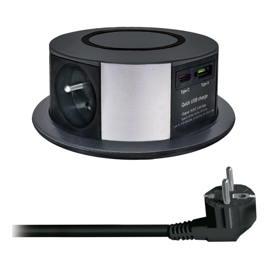 Колона с контакти за плот на маса с Qi безжично зареждане 3x230V + 1xUSB-A + 1xUSB-C черен/сребрист