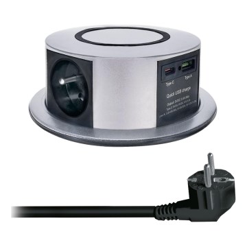 Колона с контакти за плот на маса с Qi безжично зареждане 3x230V + 1xUSB-A + 1xUSB-C сребрист/черен